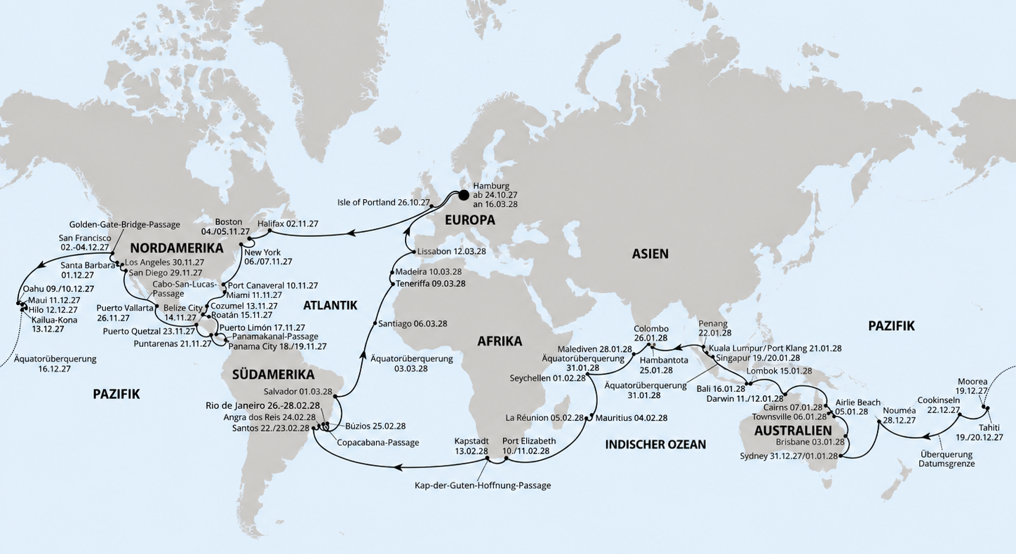 Aktuelle Route der Weltreise 2027/2028